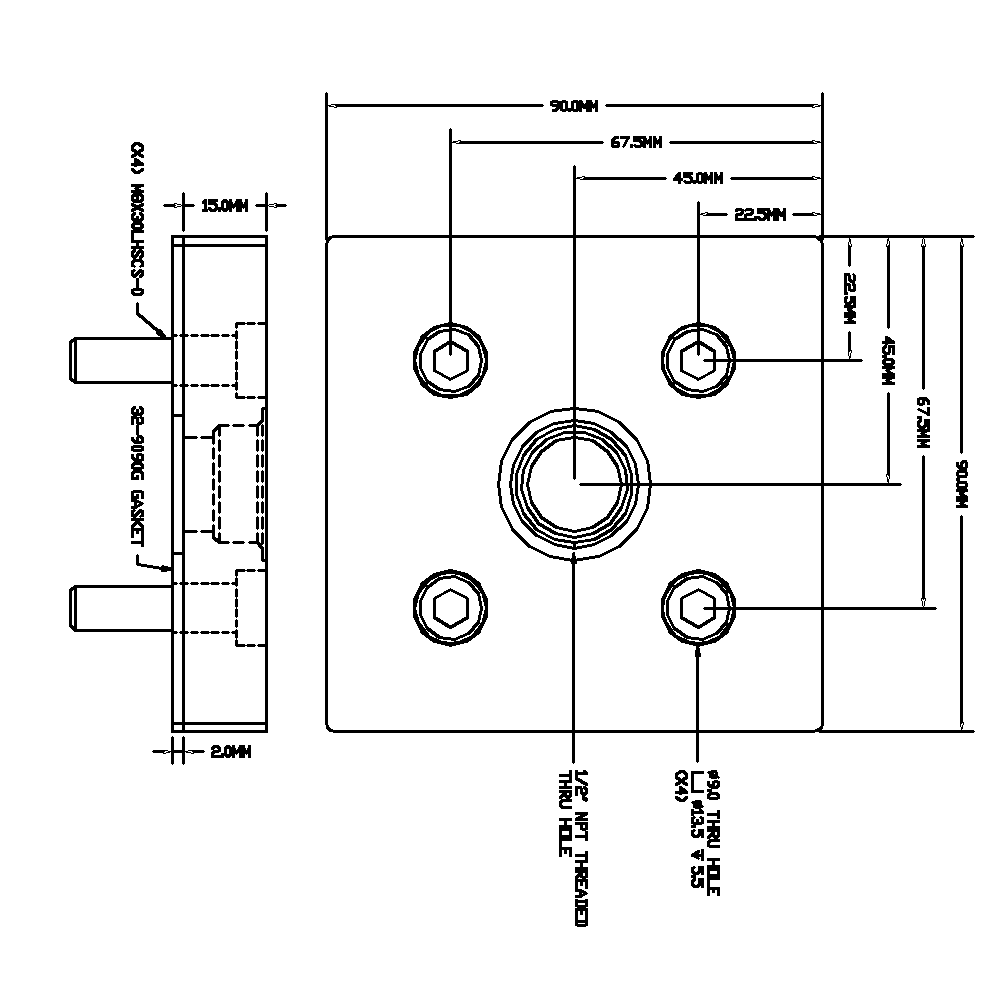 32-909012N-1 MODULAR SOLUTIONS PNEUMATIC PLATE 90MM X 90MM WITH GASKET 1/2" NPT THREADED CENTER THRU HOLE